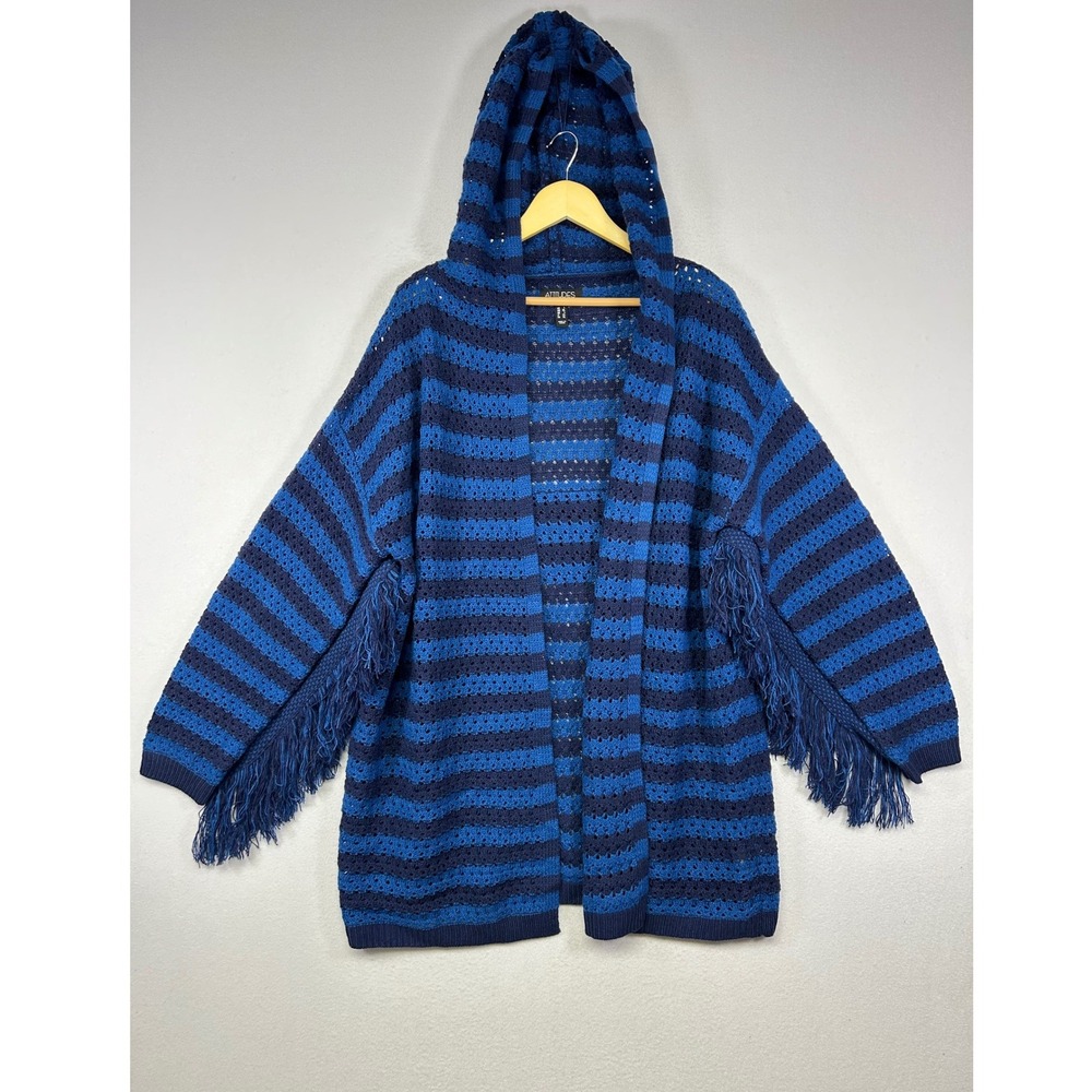 Boho Attitudes by Renee Womens Large Blue Striped Fringe Hooded Cardigan Sweater